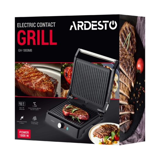 ARDESTO Гриль прижимной GH-1800MB, 1800Вт, раскрытие на 180°, металл, черно-серебристый