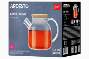 ARDESTO Teapot Gemini 800ml, borosilicate glass, bamboo, transparent