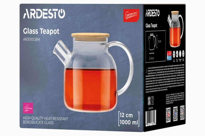 ARDESTO Teapot Gemini 1000ml, borosilicate glass, bamboo, transparent