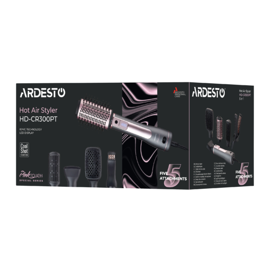 ARDESTO Фен-щётка Brush Pink Touch,1200Вт, 2скорости, 2 темп. режима, LED-дисплей, функция ионизации , 4 насадки, серый+розовый
