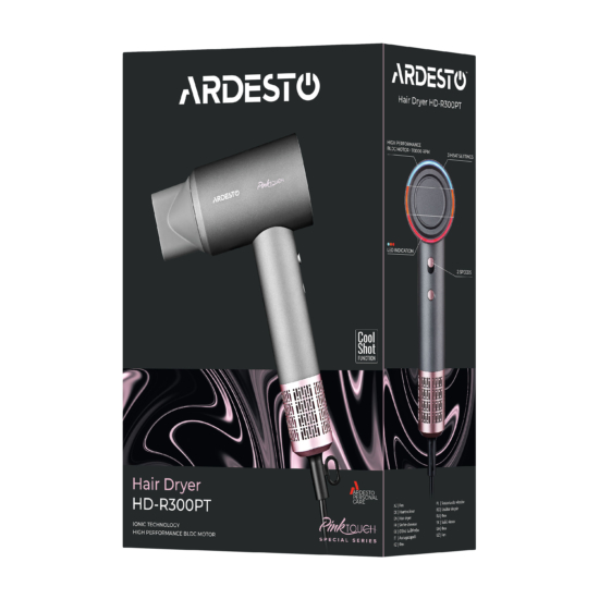 ARDESTO Фен Pink Touch, 1600Вт, 2 скорости, 3 темп.режима, ионизация, диффузор, магнитные насадки, серый+розовый