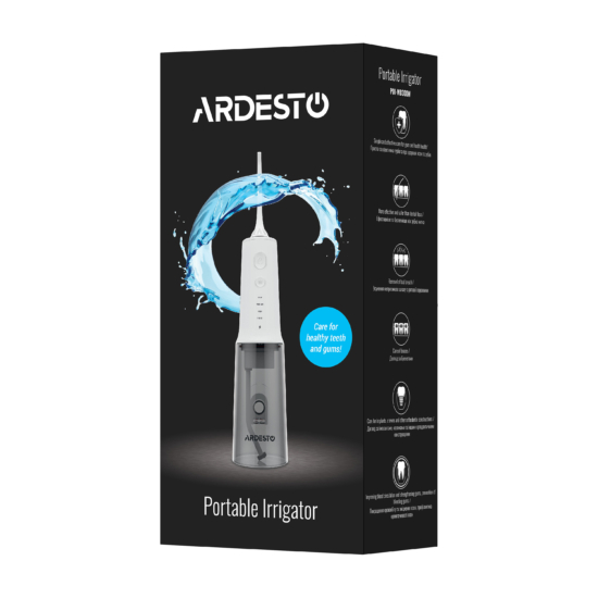 ARDESTO Ирригатор портативний, чаша 320 мл, Li-ion аккум. в компл., 2 насадки, белый