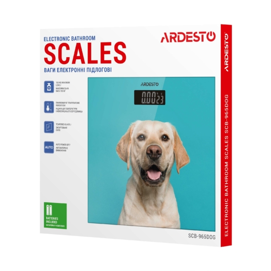 ARDESTO Весы напольные DOG, 150кг, 2хААА в компл, стекло, разноцветные