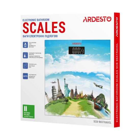 Ardesto scales for floor Travel, 150kg, AAAx2 included, glass, multi-colored