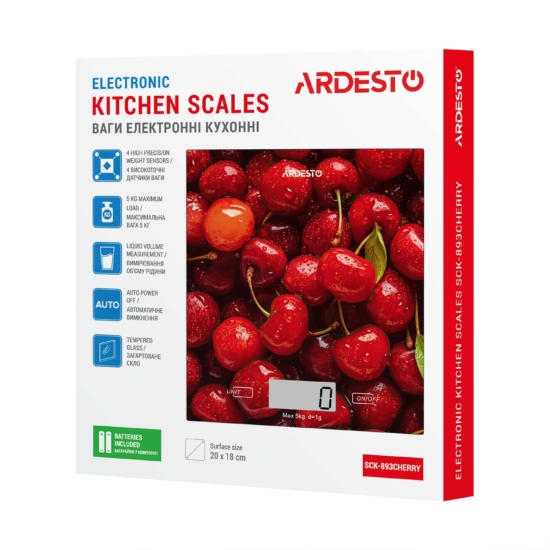 ARDESTO Весы кухонные CHERRY, 5кг, AAAx2 в компл, стекло, многоцветный