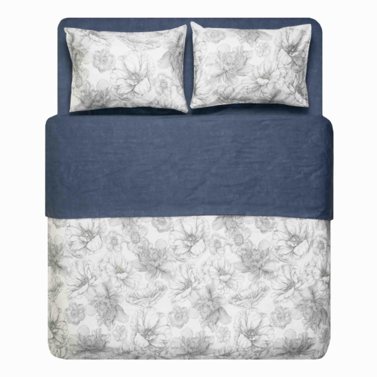 ARDESTO Bedding set 2.0 Gloria, sateen, peonies, dark blue, duvet cover 200x220cm, bed sheet 230x240cm, pillowcases (2) 50x70cm, 100% cotton