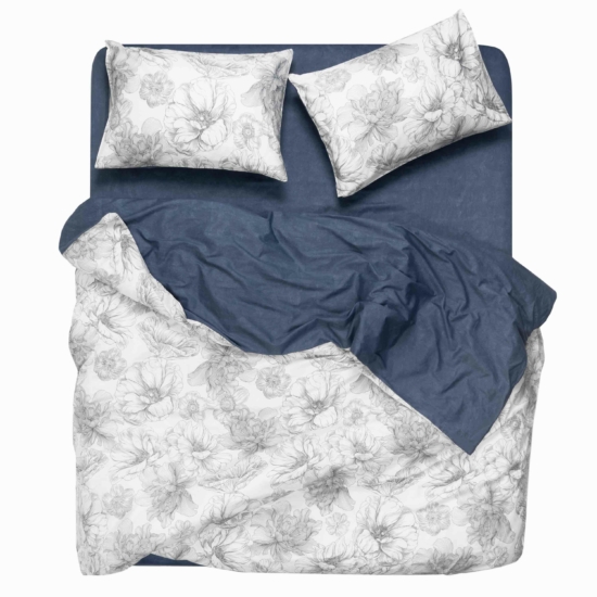 ARDESTO Bedding set 2.0 Gloria, sateen, peonies, dark blue, duvet cover 200x220cm, bed sheet 230x240cm, pillowcases (2) 50x70cm, 100% cotton