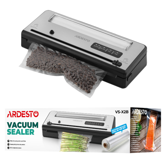 ARDESTO Vacuum Sealer for rolls and packages, 110W, 28сm, electronic control, +1 roll, plastic+ inox, silver