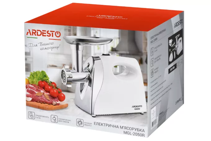 ARDESTO Meat grinder, 1800W, prod.-2kg/min, 3 cutting plates+for sausag.plates, tomato juicer, plastik, white-silver