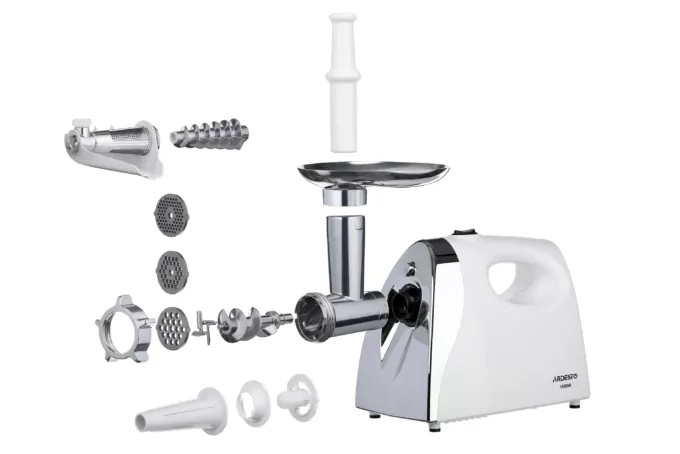 ARDESTO Meat grinder, 1800W, prod.-2kg/min, 3 cutting plates+for sausag.plates, tomato juicer, plastik, white-silver