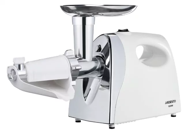 ARDESTO Meat grinder, 1800W, prod.-2kg/min, 3 cutting plates+for sausag.plates, tomato juicer, plastik, white-silver