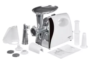 ARDESTO Meat grinder, 1800W, prod.-2kg/min, 3 cutting plates+for sausag.plates, tomato juicer, plastik, white-silver