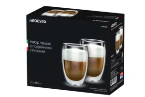 ARDESTO Doublewall mug set, 450ml, 14.5cm, 2pcs, borosilicate glass, transparent