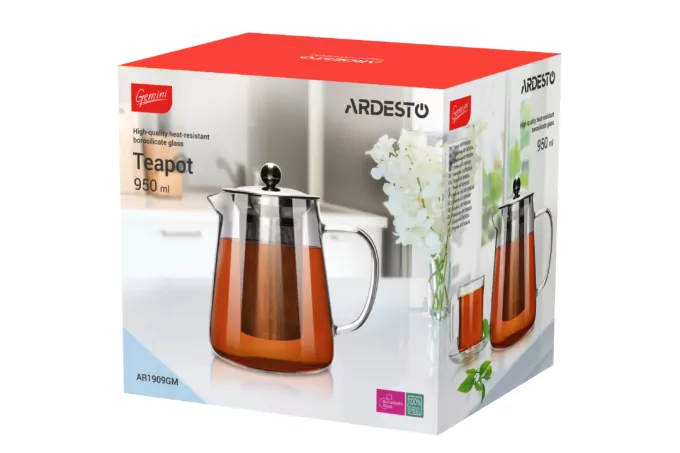 ARDESTO Gemini Teapot[Заварник Milano , 950 мл, боросилікатне скло, нержавіюча сталь]