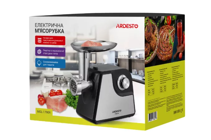 ARDESTO М’ясорубка, 1700Вт, продук.-1.6кг/хв, 2 решітки + для ковб., кеббе, насадка для томатів, пластик+метал, чорно-сріблястий