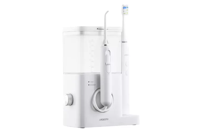 ARDESTO Irrigator portable+toothbrush electric, cup 600 ml, 3 nozzles, white