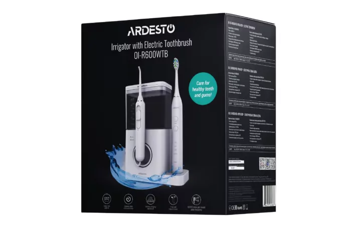 ARDESTO Irrigator portable+toothbrush electric, cup 600 ml, 3 nozzles, white