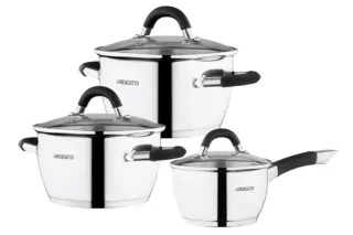 ARDESTO Cookware set Gemini Livorno with drain, 6 pcs., handles with gray silicone, stainless steel