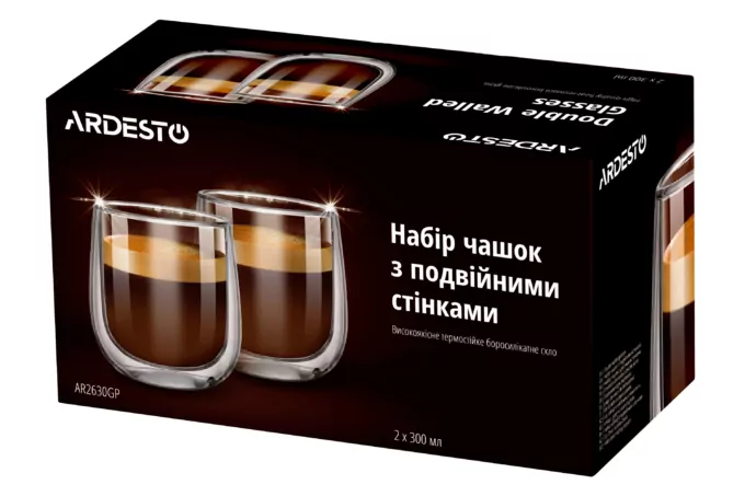 ARDESTO Набір чашок з подвійними стінками, 300 мл, H 10,3 см, 2 од., боросилікатне скло