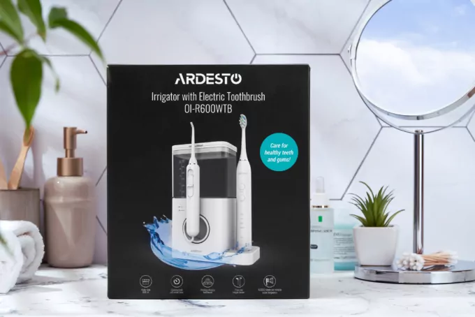 ARDESTO Irrigator portable+toothbrush electric, cup 600 ml, 3 nozzles, white