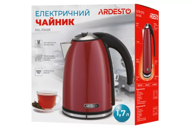 ARDESTO Електрочайник EKL-F340R 1.7л/2200Вт/strix контроль/нерж. сталь/червоний