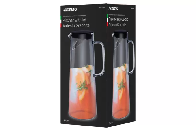 ARDESTO Pitcher Graphite with lid, 1350 ml, borosilicate glass