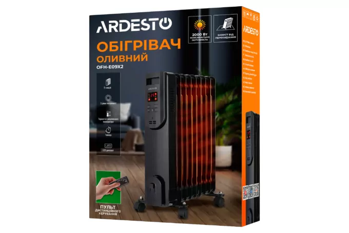 ARDESTO Обігрівач оливний, 20м2, 2000Вт, електр. упр-ння, 9 секцій, пульт ДК, чорний