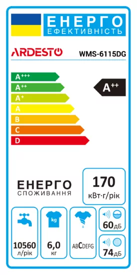 ARDESTO WM front load Black Mars, 6kg, 1000, A++, 45cm, display, grey