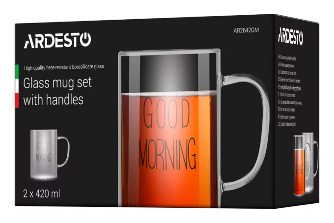 ARDESTO Набір чашок з ручками Good Morning , 420 мл, 2 од., боросилікатне скло