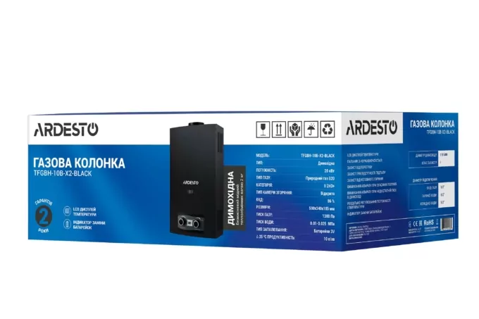 ARDESTO X2 gas column, 10 l/min, 20 kW, battery ignition, display, black