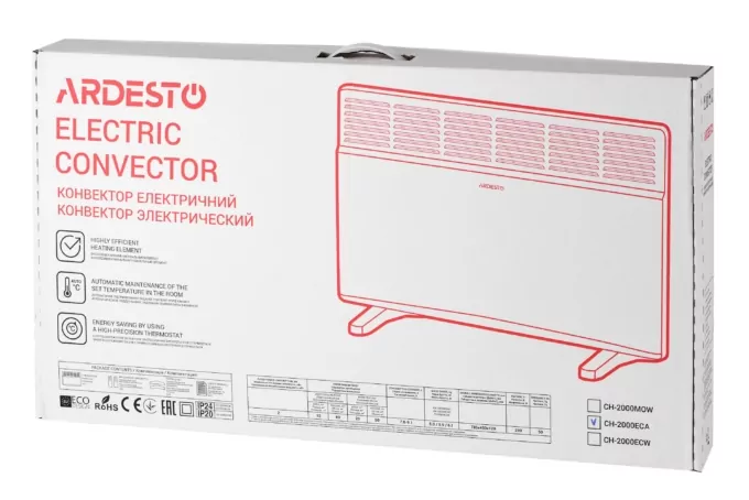 ARDESTO Конвектор електричний СН-2000ECW, 2000 Вт, 20 м2, LED-дисплей, IP24, антрацит матовий