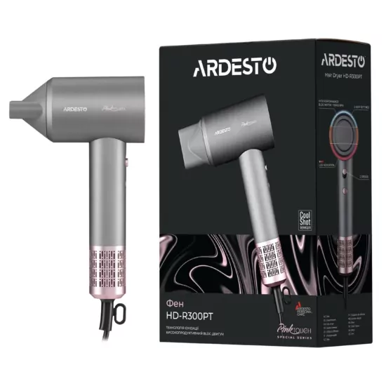 ARDESTO Hair Dryer Pink,1600W, 2 speeds, 3 temperature settings, ionization, diffuser, magnetic attachments, gray+pink