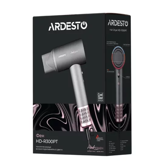 ARDESTO Hair Dryer Pink,1600W, 2 speeds, 3 temperature settings, ionization, diffuser, magnetic attachments, gray+pink