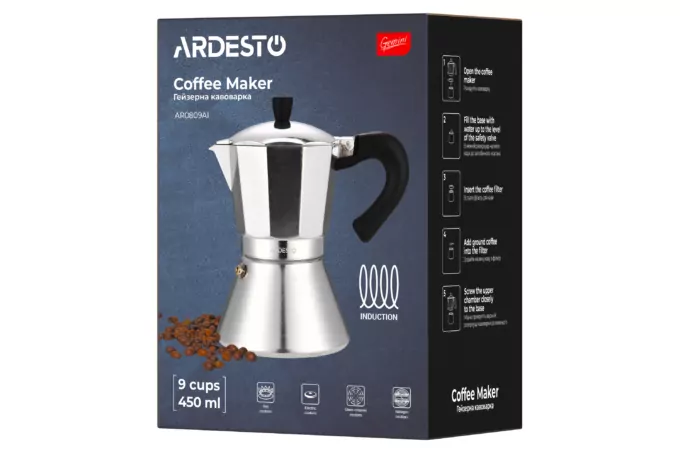 ARDESTO Гейзерна кавоварка Gemini Piemonte, 0.45л, 9 чашок, алюміній