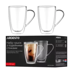 ARDESTO Набор чашек с ручками и двойными стенками, 330мл, 2шт, боросиликатное стекло, прозрачный