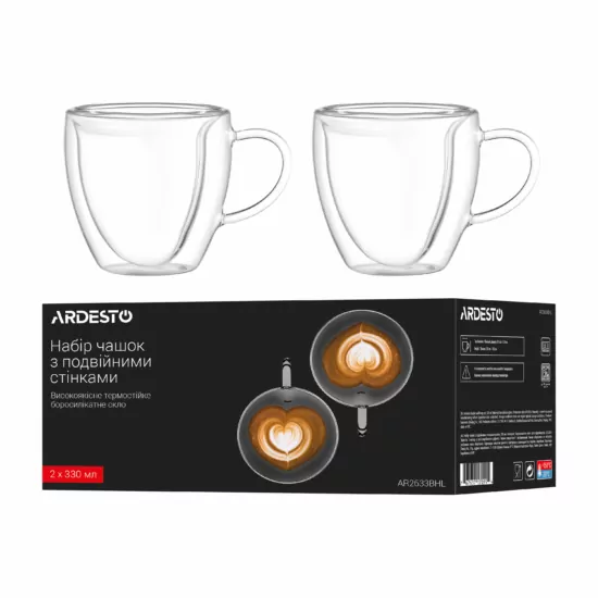 ARDESTO Double wall mug set with handle, 330ml, 2pcs, borosilicate glass, transparent