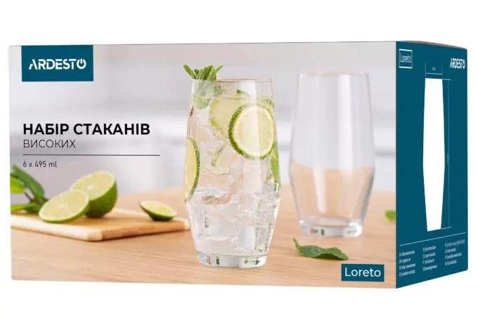 ARDESTO Набор стаканов высоких Loreto, 495мл, 6шт, стекло, прозрачный