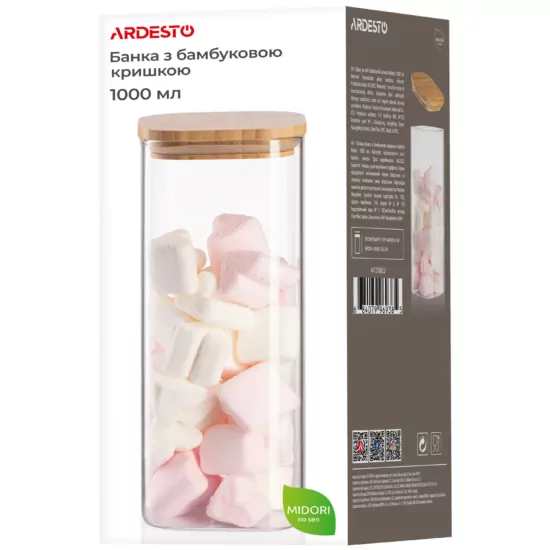 ARDESTO Jar Midori, 1000ml, glass, bamboo, square, transparent