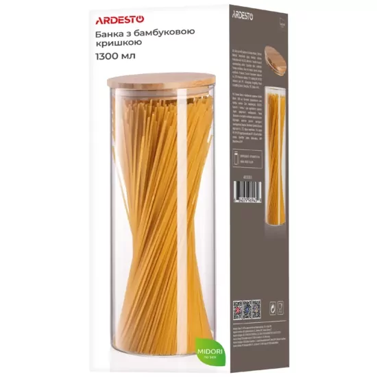 ARDESTO Банка для хранения Midori, 1300мл, стекло, бамбук, круглая, прозрачный