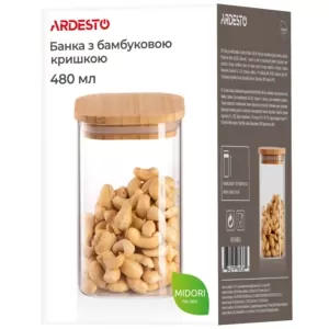 ARDESTO Банка для хранения Midori, 480мл, стекло, бамбук, квадратная, прозрачный