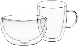 ARDESTO Breakfast set double wall mug and bowl, 270ml , 500ml, borosilicate glass