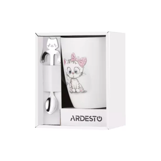 ARDESTO Чашка з ложкою Cute, 320мл, порцеляна, нержавіюча сталь, білий