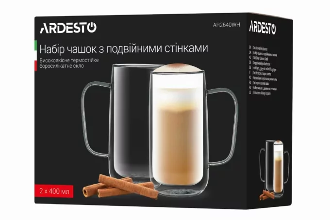 ARDESTO Double wall borosilicate glass mug set, 400 ml, 2 pcs, with handles