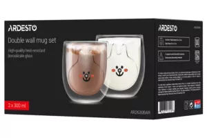 ARDESTO Double wall borosilicate glass mug set Animals, 300 ml, 2 pcs