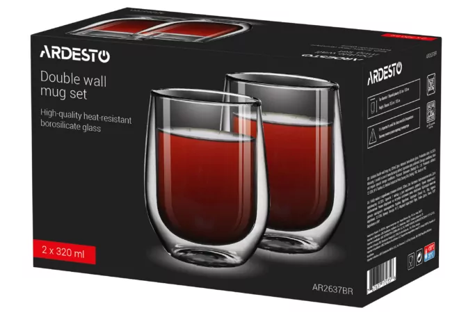 ARDESTO Набор чашек с двойными стенками, 320мл, 2шт, боросиликатное стекло, прозрачный