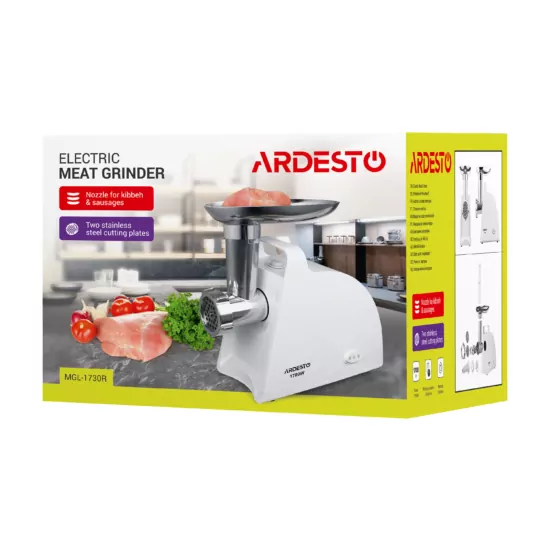 ARDESTO Meat grinder, 1700W, prod.-1.6kg/min, 2 cutting plates+for sausag.plates, plastik, white