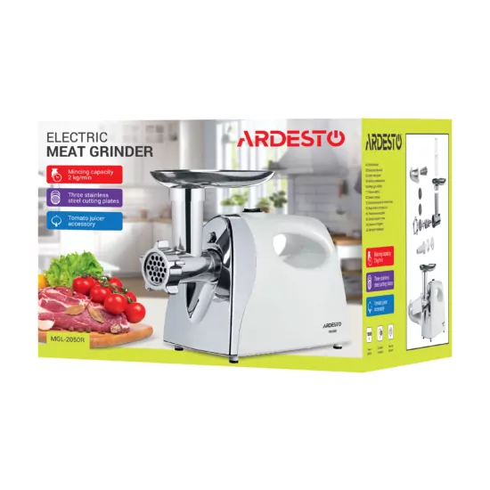 ARDESTO Meat grinder, 1800W, prod.-2kg/min, 3 cutting plates+for sausag.plates, tomato juicer, plastik, white-silver