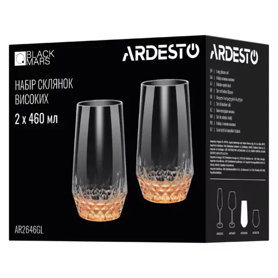 ARDESTO Long glasses set Black Mars Favola 460ml, 2pcs, glass, transparent-golden