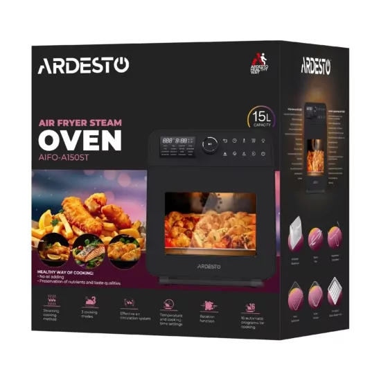 ARDESTO Мультипечь, 2250Вт, объем-15л, сенсорное управление, функция приготовления на пару, 40-220°C, металл/пластик, бело-черный