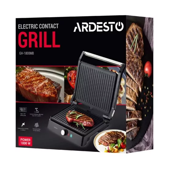 ARDESTO Гриль прижимной GH-1800MB, 1800Вт, раскрытие на 180°, металл, черно-серебристый